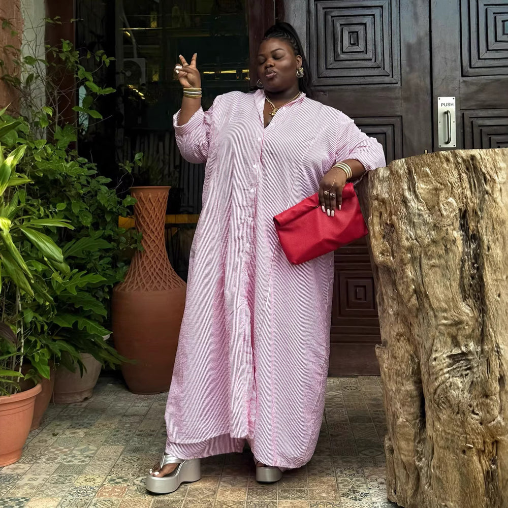 European and american cross-border women's clothing  summer new arrival: african-style plus size pink striped longline shirt and wide-leg pants set