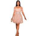 fashionsexytube top evening dress one-line collar off-the-shoulder mesh patchworksequin party dressdress