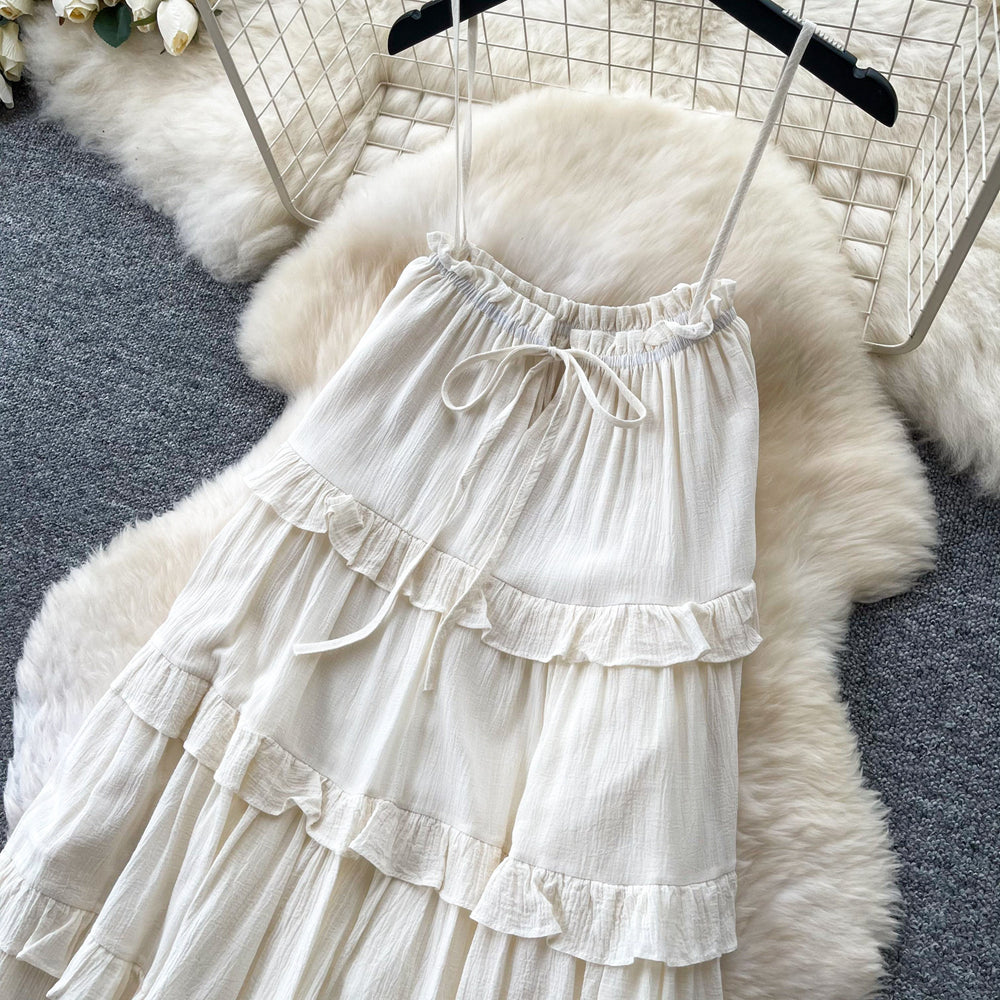 French riviera style sleeveless dress - women's summer korean ruffle trim ladylike cake dress - slimming elegant maxi dress