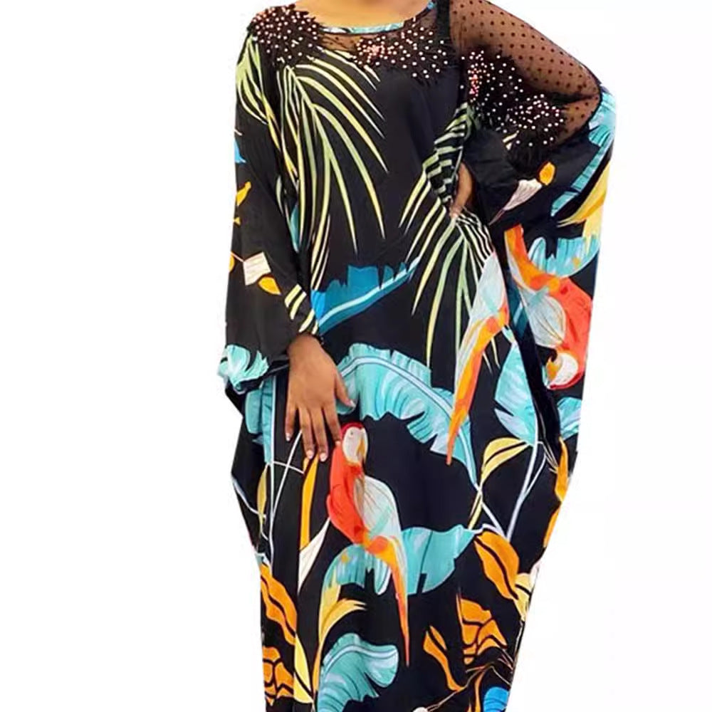 Special offer: digital print mesh panel batwing sleeve beaded loose fit crew neck plus size women's dress
