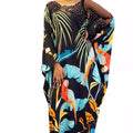 Special offer: digital print mesh panel batwing sleeve beaded loose fit crew neck plus size women's dress
