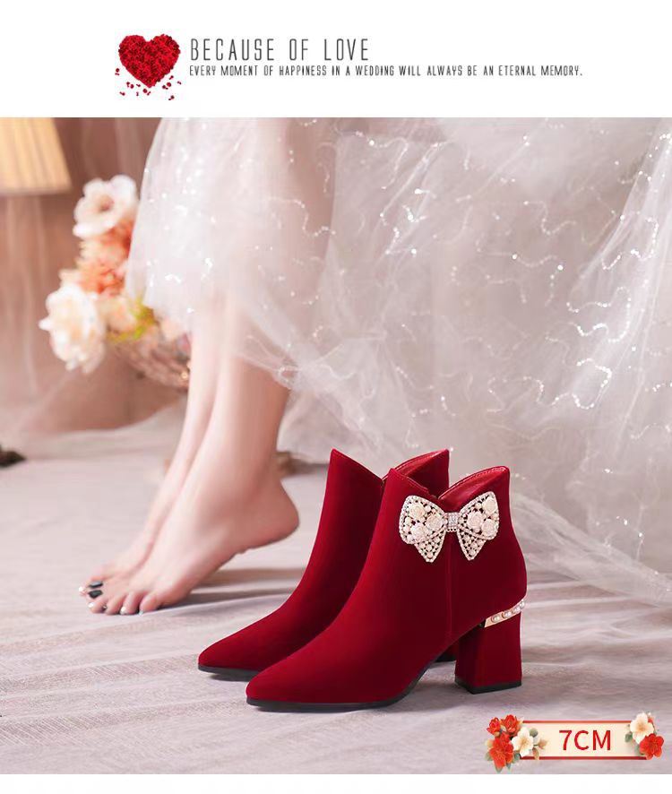 2024 winter new arrival red wedding shoes for women with thick heels and non-tiring feet wedding dress xiuhe two-piece bridal wedding boots