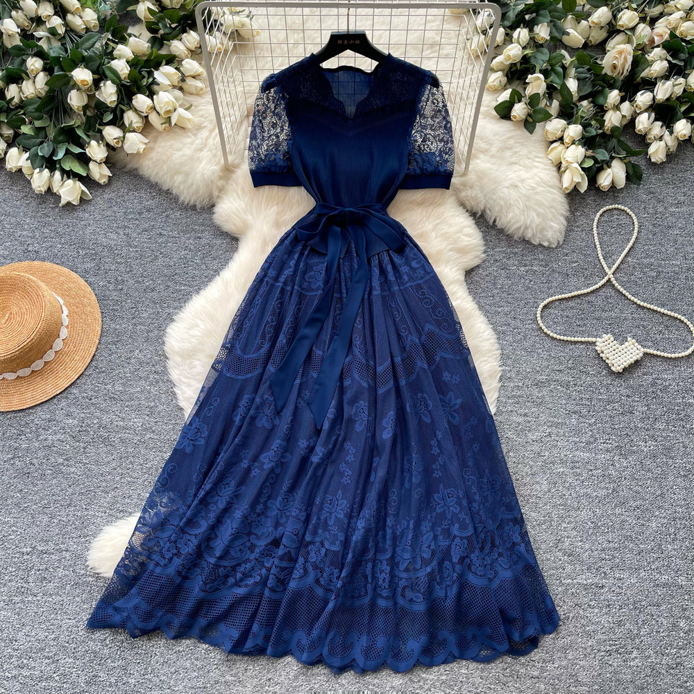 Retrolacecut out pure desire style a-line dress women's summer k-style waist slimming lookclassyelegant long skirt