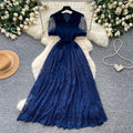 Retrolacecut out pure desire style a-line dress women's summer k-style waist slimming lookclassyelegant long skirt