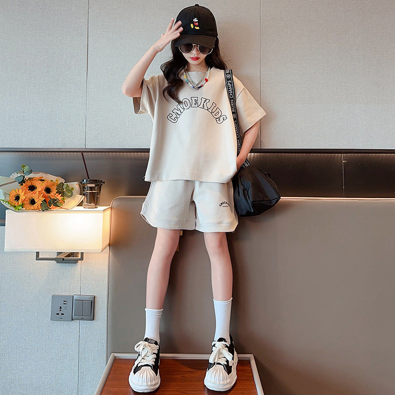 Girls' summer outfit  new set: stylish and trendy kids' streetwear, children's sportswear, big kids' short-sleeve two-piece summer set