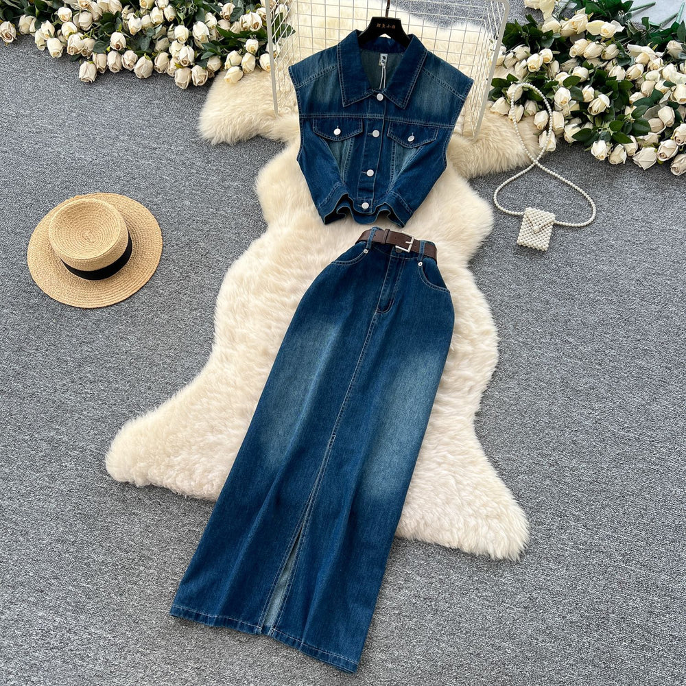European and american hot girl retro denim set - women's summer sleeveless shirt + high-waisted slit maxi skirt