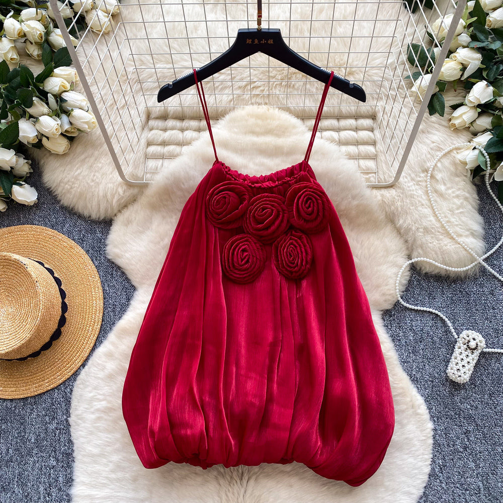 French-style 3d floral bandeau satin camisole - women's summer high-end music festival outfit top