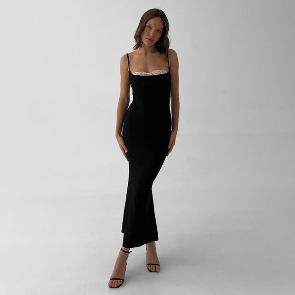 European and American style summer women's long dress square collar sexy low-cut lace splicing suspender dress pencil skirt women's wholesale