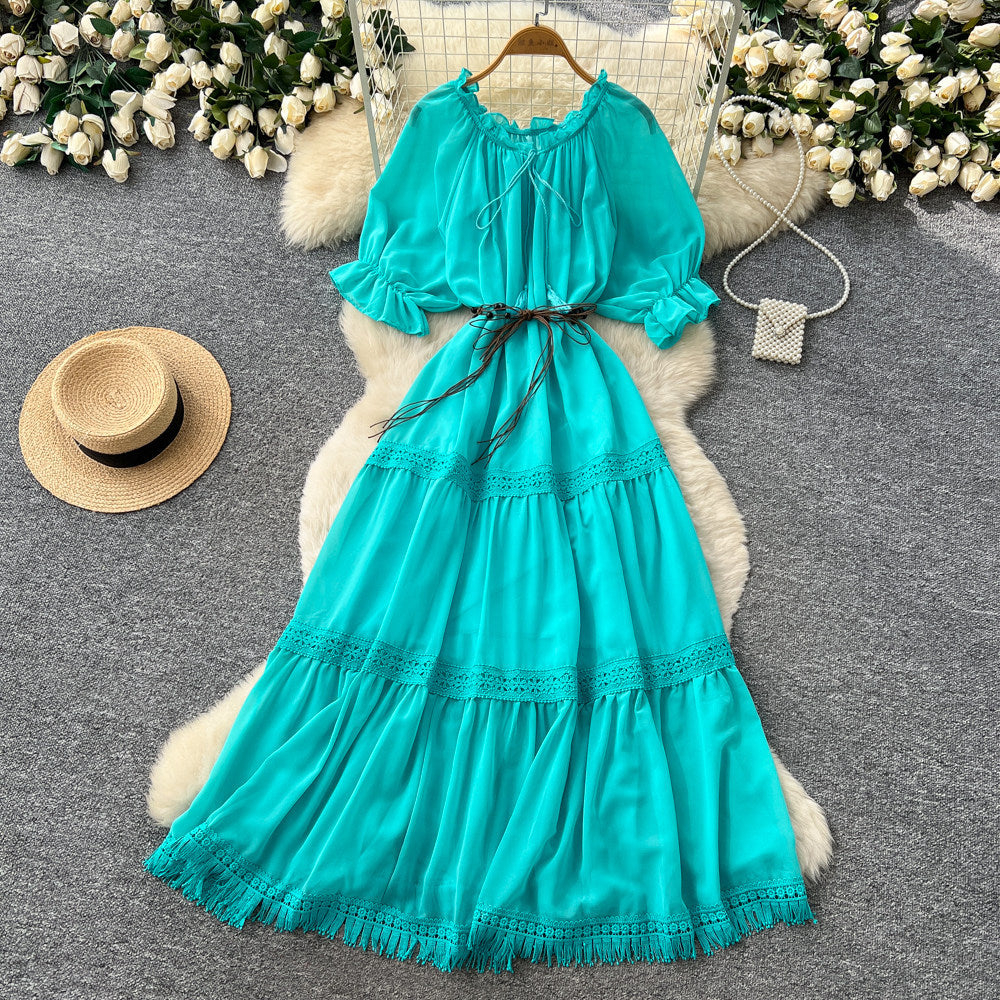 French red puff sleeve commuter short-sleeve dress - women's summer slimming a-line tassel cake dress