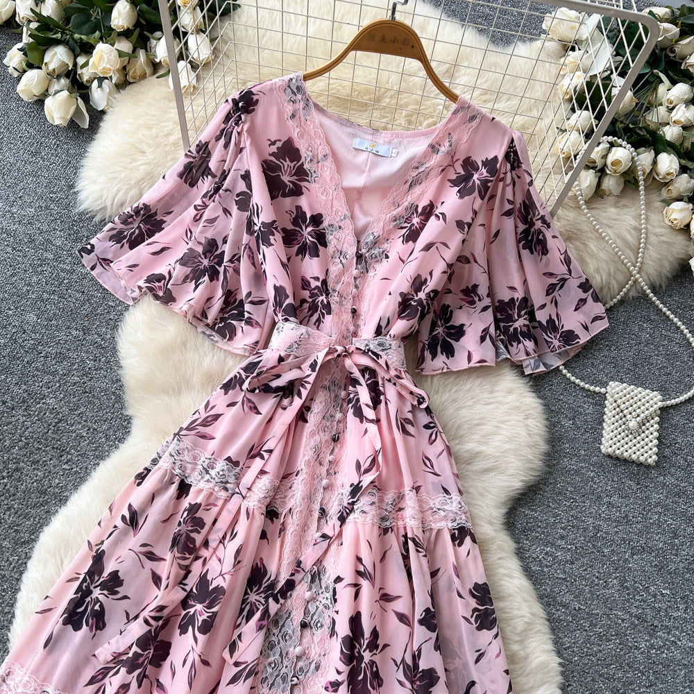 elegance floral v necklacepatchworkdress women's summer short sleeve waist slimming lookruffleselegant long skirt