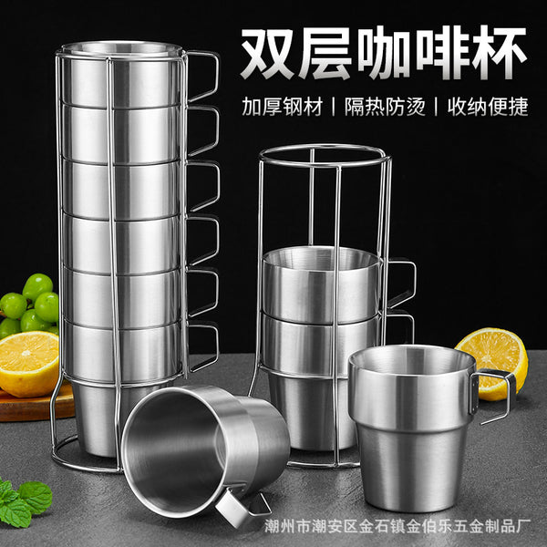 Cross-border outdoor double-layer stainless steel water cup, coffee cup 304 folding cup, camping portable heat insulation and anti-scalding set cup