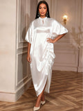 White satin stand collar lace cut outdress looseasymmetrical drawstring slit elegant african robe skirt