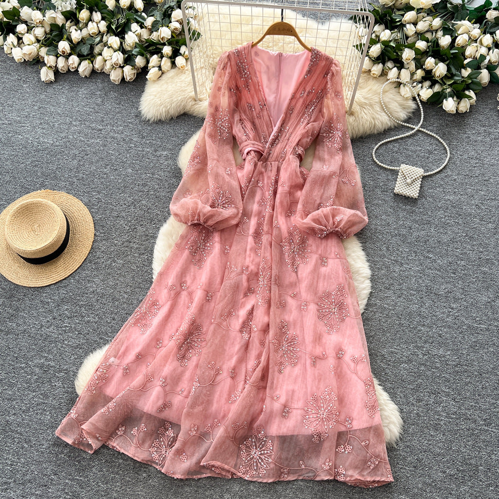 French chic sequin embroidered v-neck lantern sleeve bodycon dress - women's slimming maxi dress for autumn