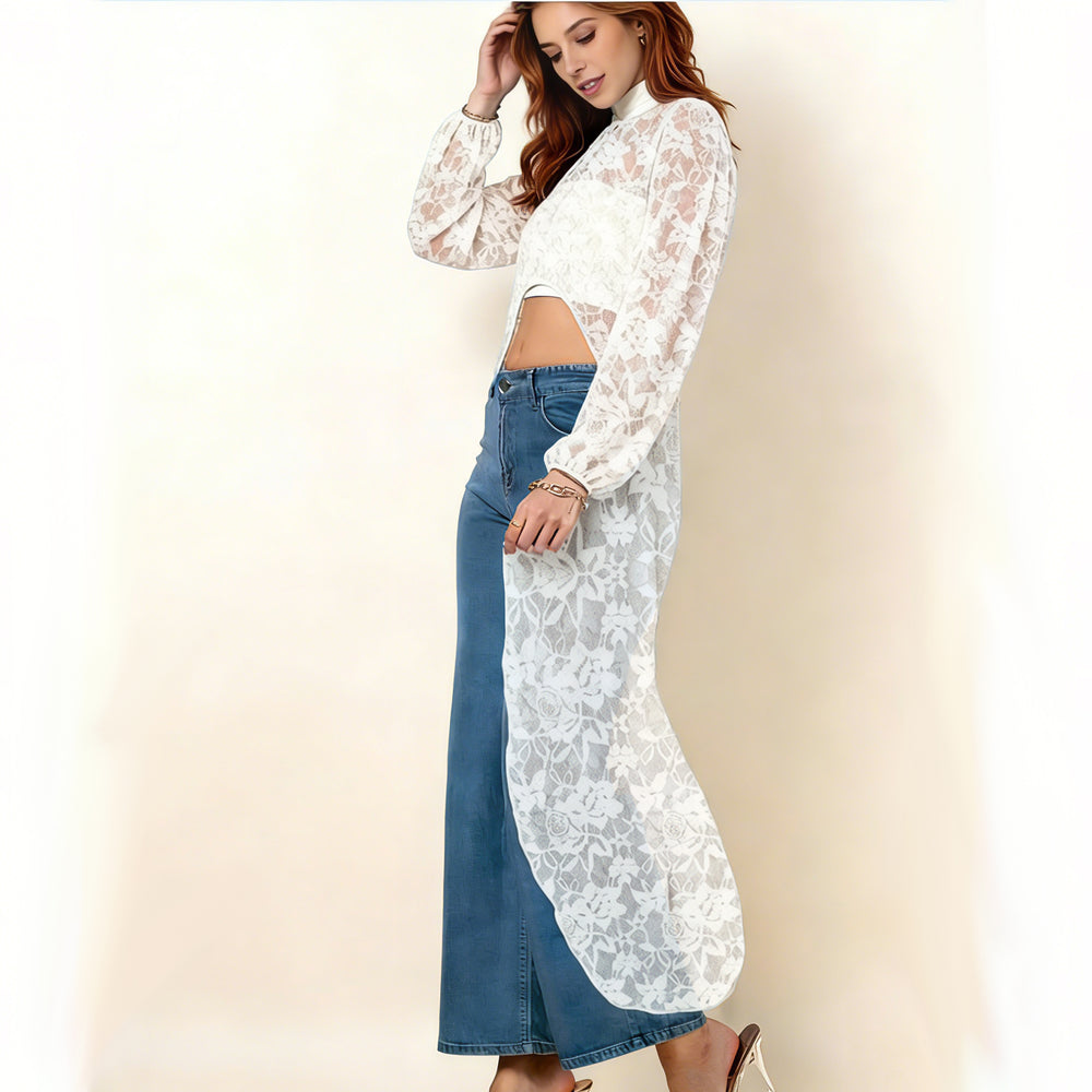 spring/summer european and american cross-border new arrival:  independent site women's lace floral high-low sheer top