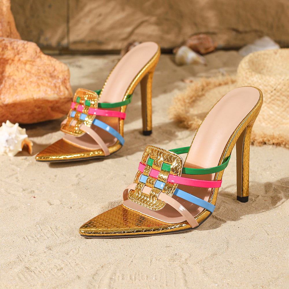 fashion style golden pointed toe high-heeled slippers for women summer colorful patchwork stiletto fashion sandals