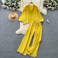 Classy sense of dressing for women autumloosecasuallacepatchwork lantern sleeve v neck shirt high waist wide leg straight-leg pants