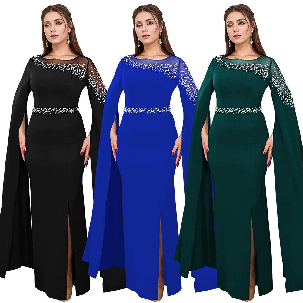 C7303 cross-border   fashion hotfix rhinestone beaded cape sleeve evening gown dress