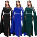 C7303 cross-border   fashion hotfix rhinestone beaded cape sleeve evening gown dress