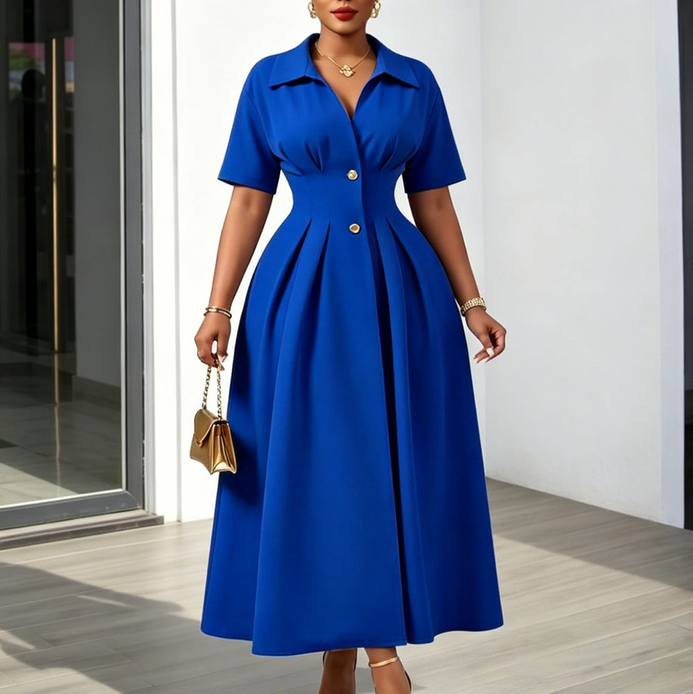 D639 european and american cross-border foreign trade  new lapel short-sleeved high waist lapel large swing mid-length foreign trade dress