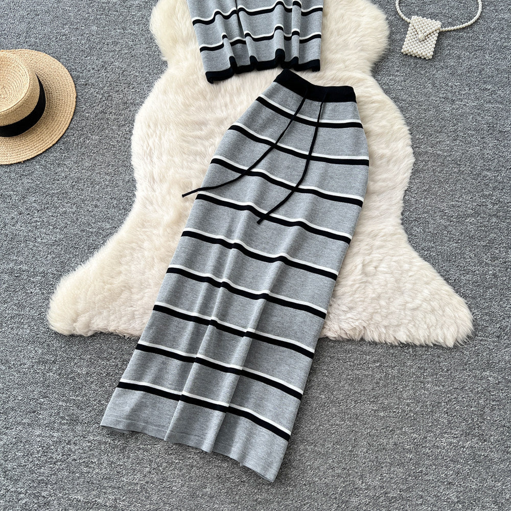 Pure desire style stripesknittingeleganttwo-piece set women's summer sleeveless vest high waist skirt work clothingelegantsuit
