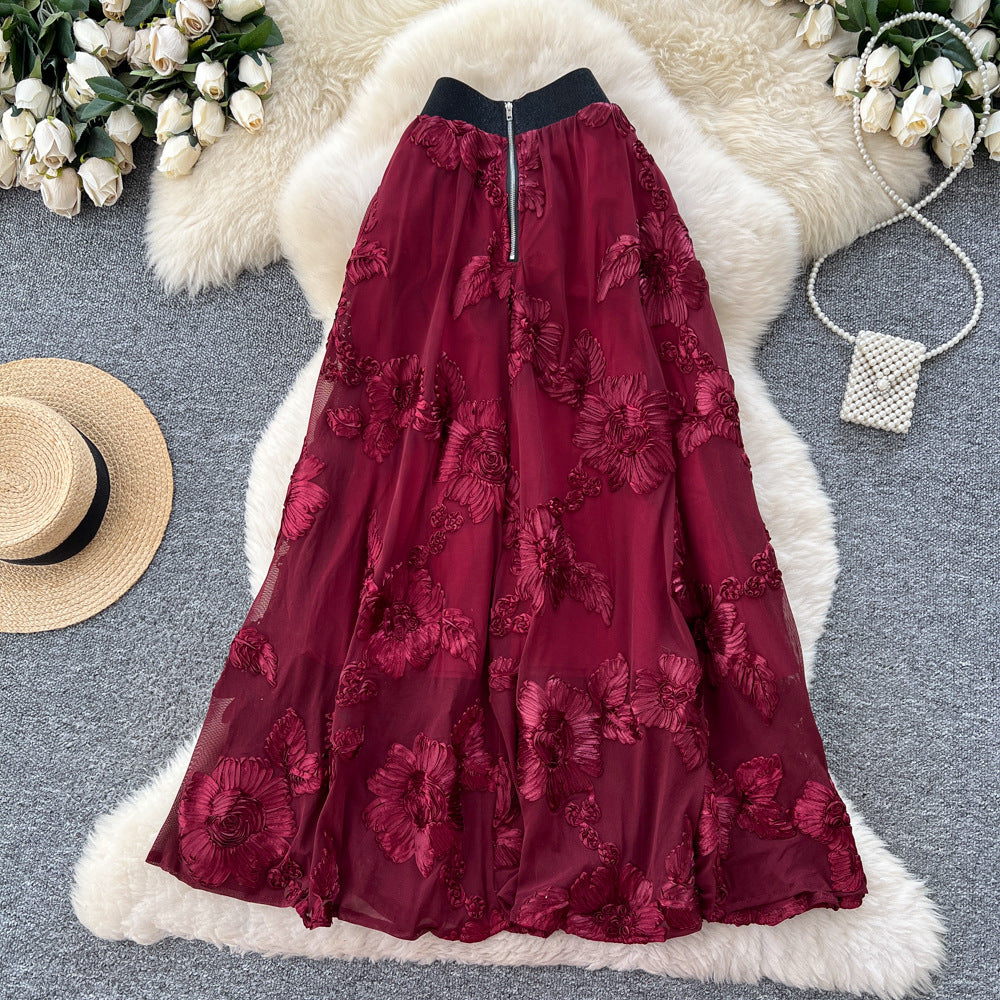 Frenchniche stylefashioneasiest for matchflowerembroiderhigh waist mesh skirt women's autumclassy sense of style mid-length skirt