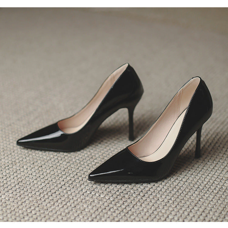 Nude stiletto heels - 2024 new spring/autumn collection - patent leather french pointed toe flats - versatile professional style women's shoes