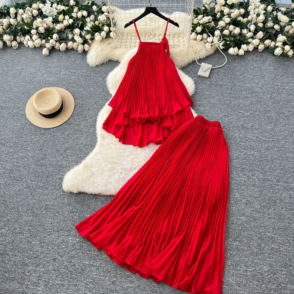 Vacation outfit: women's summer ins style - soft & elegant 3d floral cami top with pleated chiffon skirt & high-waisted, flowy midi skirt