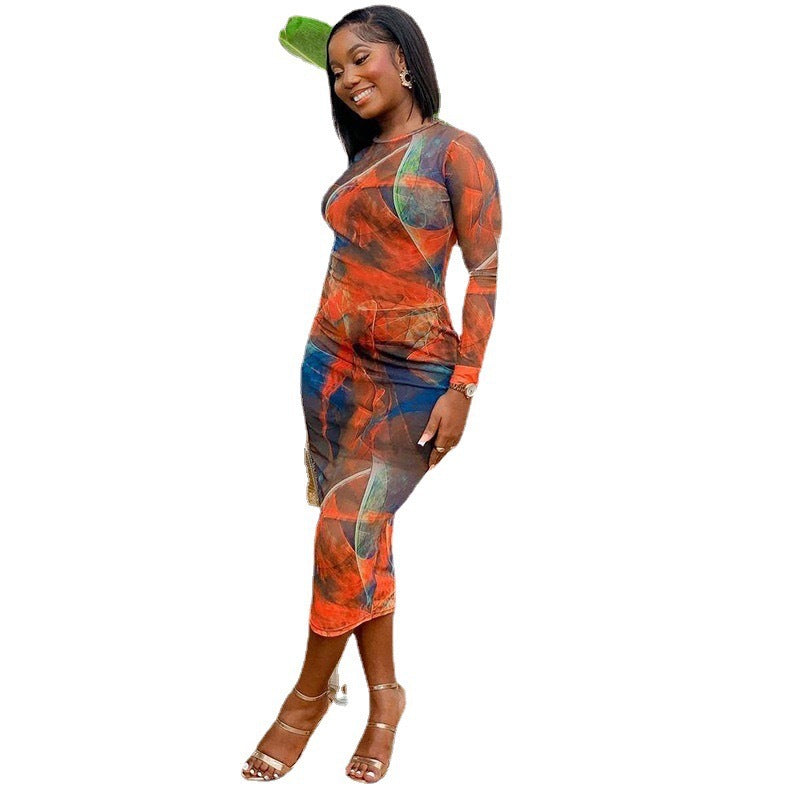 Amazon fashion cross-border women's clothing  summer new long-sleeved round neck bodycon print mini dress