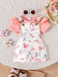 Amazon spring new girls' baby outfit set: solid color short-sleeve top with printed overalls two-piece set