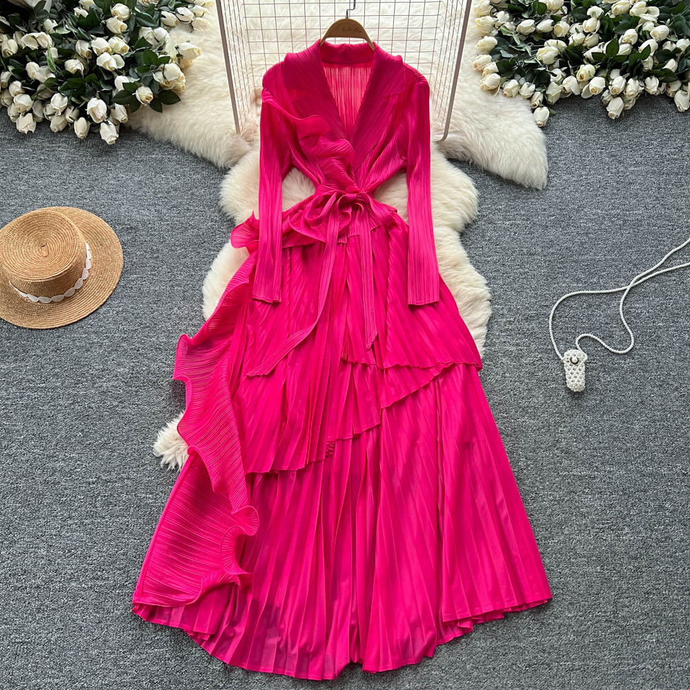 Miya pleated european and american dress women's  autumn sense of design strappy waist suit collar asymmetrical long skirt