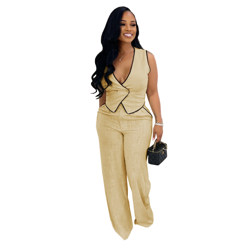 C7402 cross-border   fashion women's casual v-neck button-up top and pants two-piece set - new