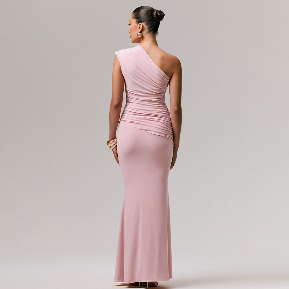 Amazon us & europe women's clothing  summer new fashion solid color elegant one-shoulder sexy slim-fit dress wholesale