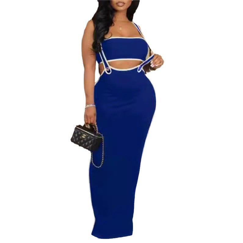 Sexy tube top and suspender hollow long dress set European and American  new fashion belly slim suit