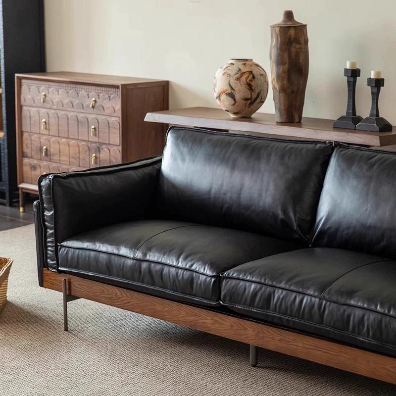 Tal sofa first layer cowhide black frenchretro medieval style straight row three slot solid wood full leather sofa