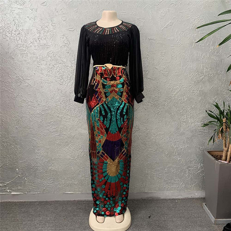 sourcing:  spring/autumn stretchy, elegant, plus-size, high-waisted, round neck, pullover, sequined bodycon maxi dress with belt