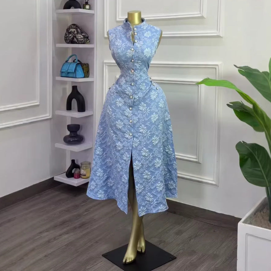 European and american cross-border women's fashion:  summer new arrival - elegant blue floral slim-fit sleeveless slit dress