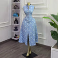 European and american cross-border women's fashion:  summer new arrival - elegant blue floral slim-fit sleeveless slit dress