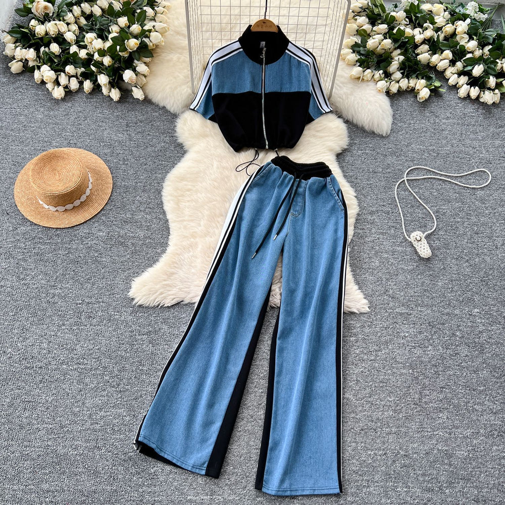 Fashionsuit women's  summer hong kong style drawstring waist short contrast color stand collar tops high waist denim loose pants