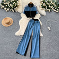 Fashionsuit women's  summer hong kong style drawstring waist short contrast color stand collar tops high waist denim loose pants