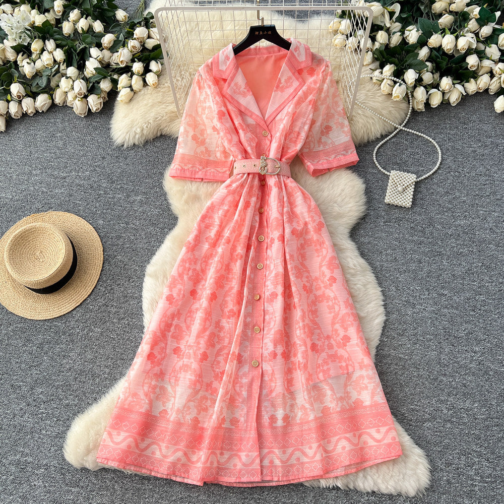 Frenchromantic style printingsense of designdressfemaleniche stylesummer suit collar waist slimming lookelegant long skirt