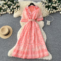 Frenchromantic style printingsense of designdressfemaleniche stylesummer suit collar waist slimming lookelegant long skirt