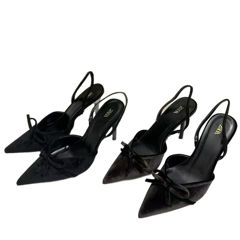 Za2025autumnew arrival velvet bow half bag pointed toe high heel sandals casualfashionclassy women's shoes