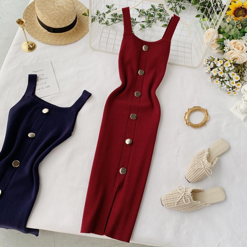 Knitted dress 2020 new summer style elegant square neck slim fit button-down sleeveless tank top slit midi dress