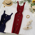 Knitted dress 2020 new summer style elegant square neck slim fit button-down sleeveless tank top slit midi dress