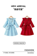 Girls' export dress - red bow belt, lace flutter sleeves, ribbed knit, long sleeve, long dress for outdoor wear