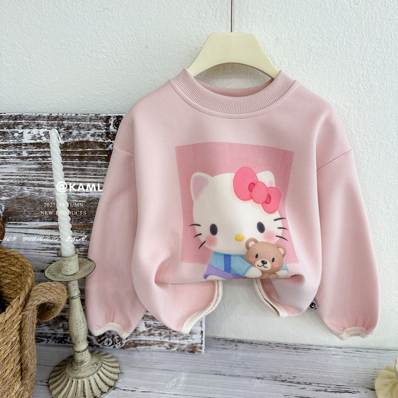 Girls' outfit:  autumn korean style trendy pink kids' hoodie cartoon top & kt print leggings two-piece set