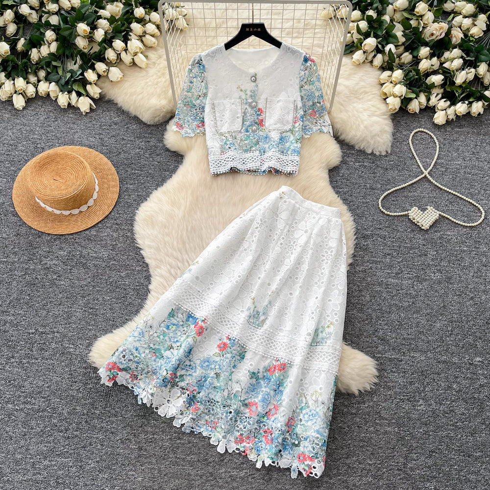 High-end, chic, and luxurious two-piece set:  summer new arrival - embroidered water-soluble lace top and high-waisted midi skirt for women