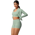 European and american solid color brushed fleece compression quick-dry yoga set - short length cloud-like outdoor running fitness activewear three-piece set