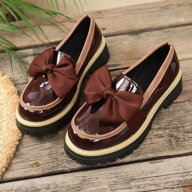 plus sizespring & fallnew arrival loafers women's bows british style leather shoes thick heel thick soleexportretroflats