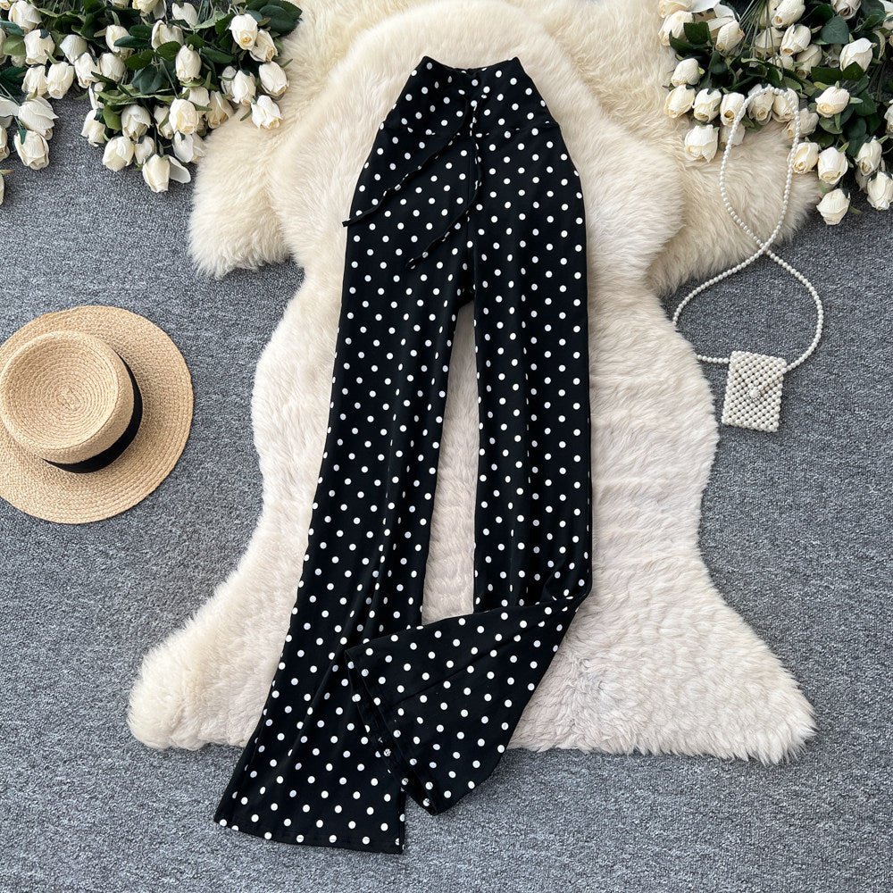 K-stylehigh waist polka dot lazy feeling strappystraight-leg pants for women  spring summer lazy styleslimming lookelegantcasual pants